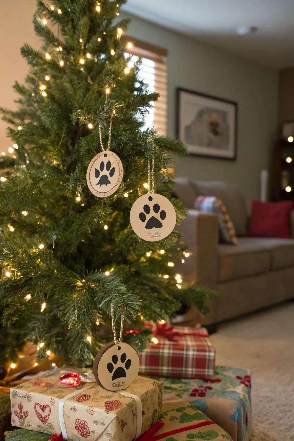 Unique paw print decorations create a personal feeling on a Christmas tree.