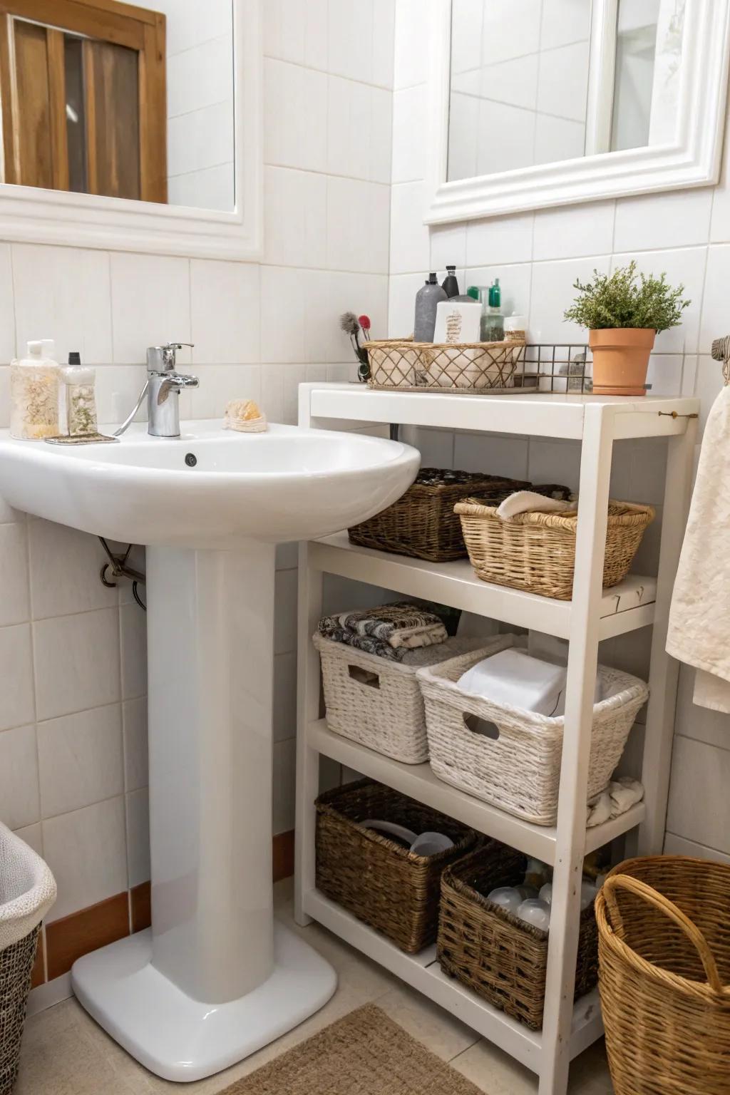 Baskets and bins introduce organization and charm.