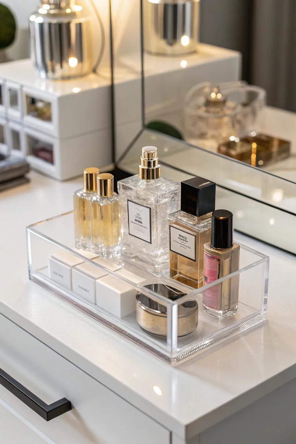 Acrylic organizers providing a sleek and minimalist look for displaying perfumes.