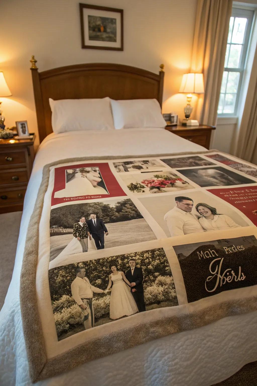An anniversary-themed blanket with a mix of vintage and recent photos, great for celebrating milestones.