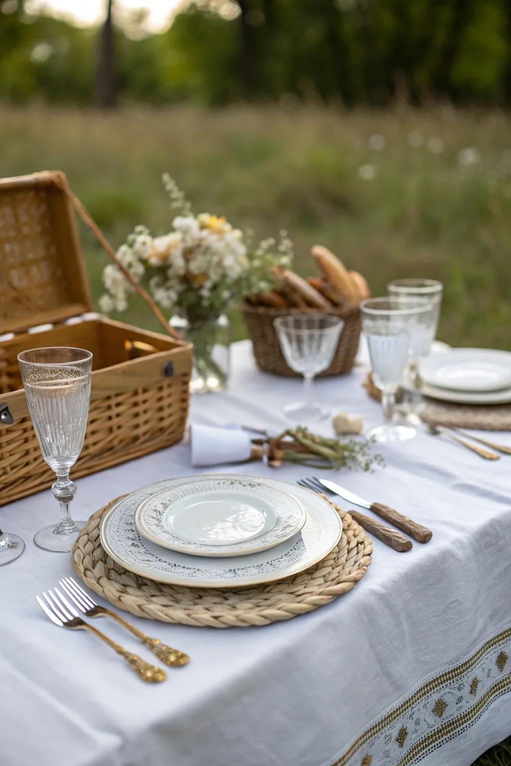 Refined tableware adds a dash of sophistication to this picnic table arrangement.