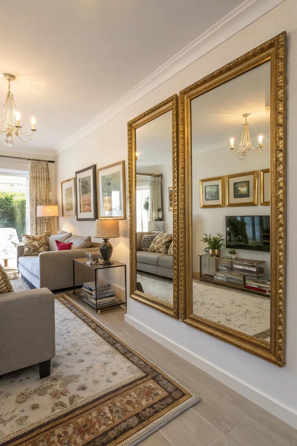 Mirrors used in a picture wall to enhance space and light.