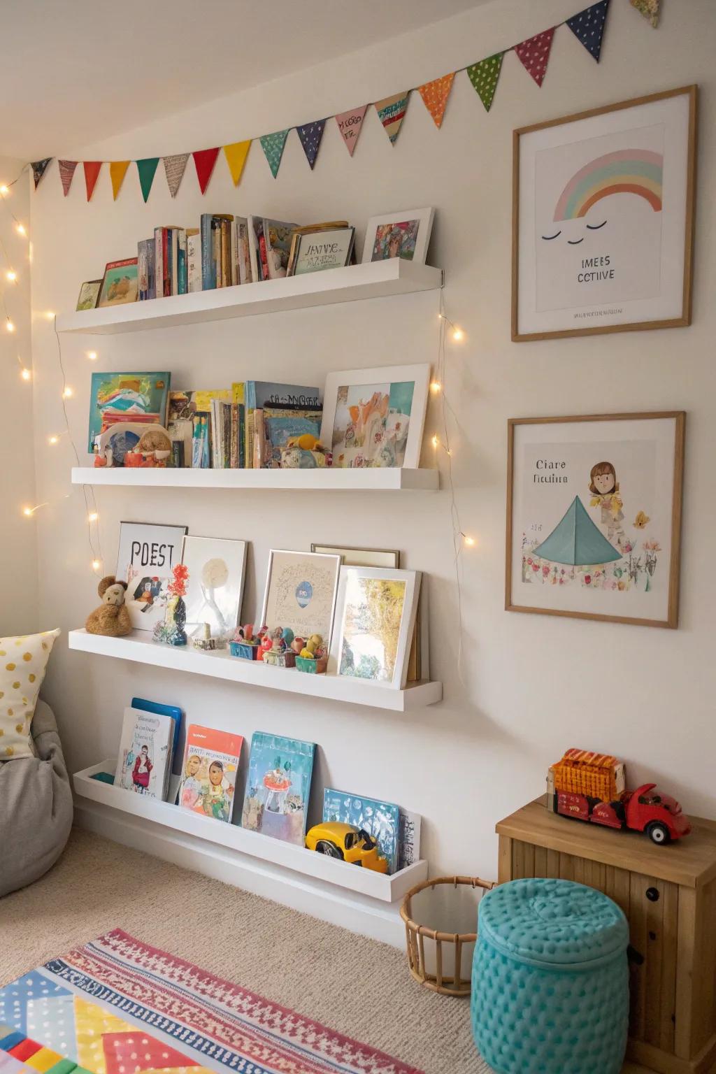 Nursery picture shelves with books, toys, and art.