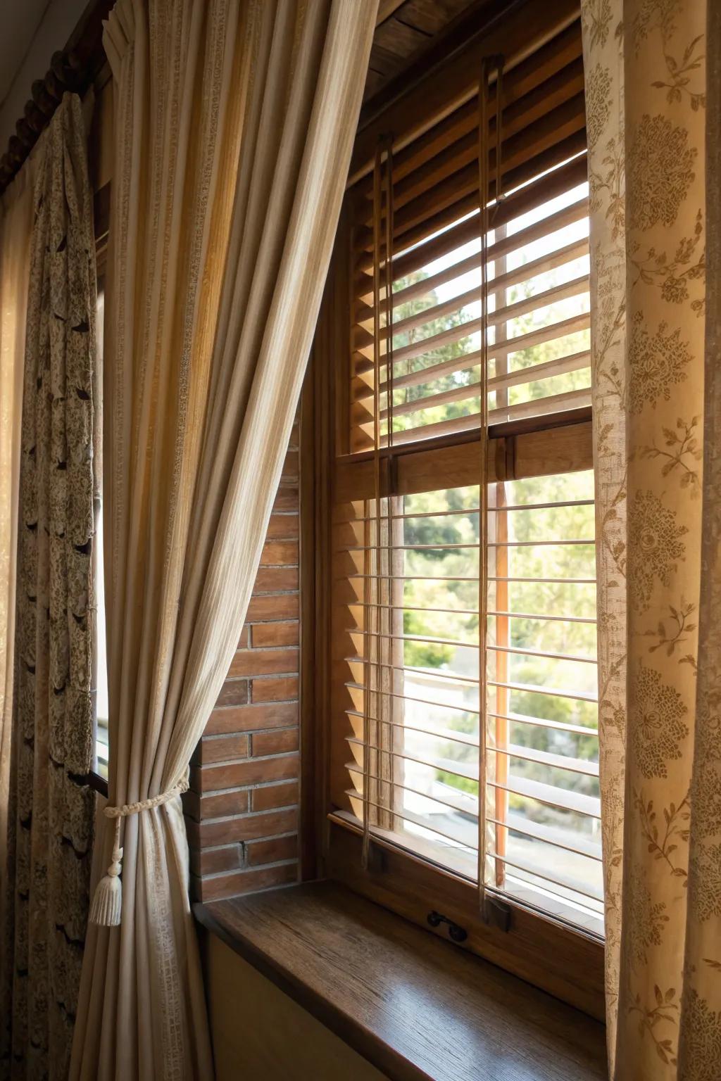 Layered textures of wood blinds and fabric curtains beautifully enhancing a picture window.
