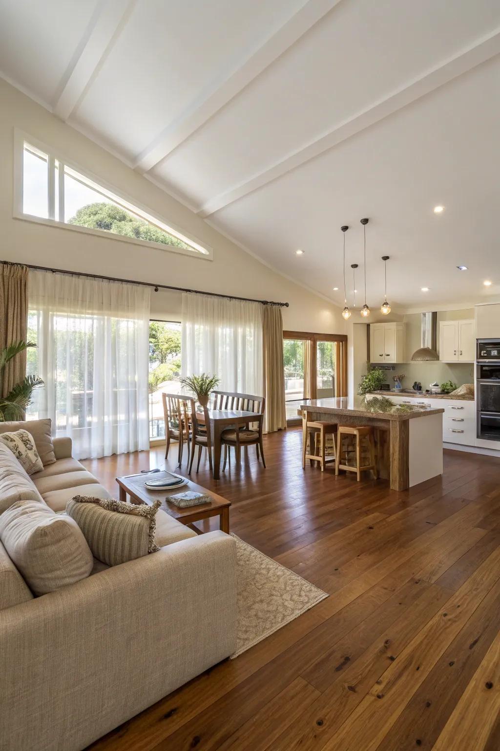 Matching flooring enhances the flow in open-concept areas.