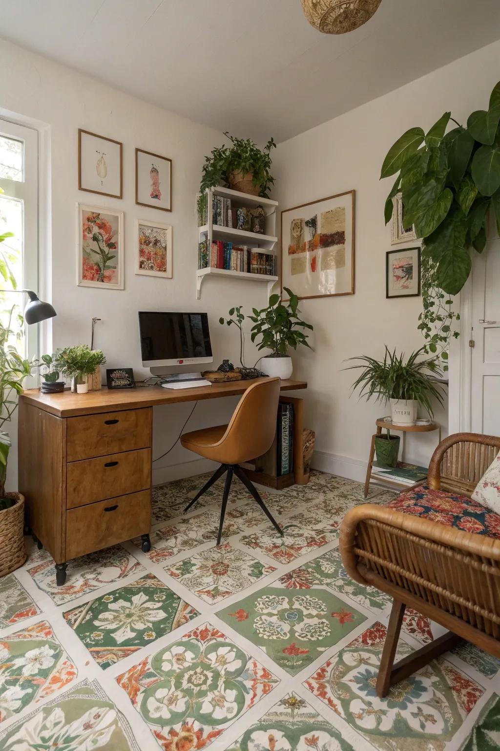 Garden floors fill this home office with natural charm.
