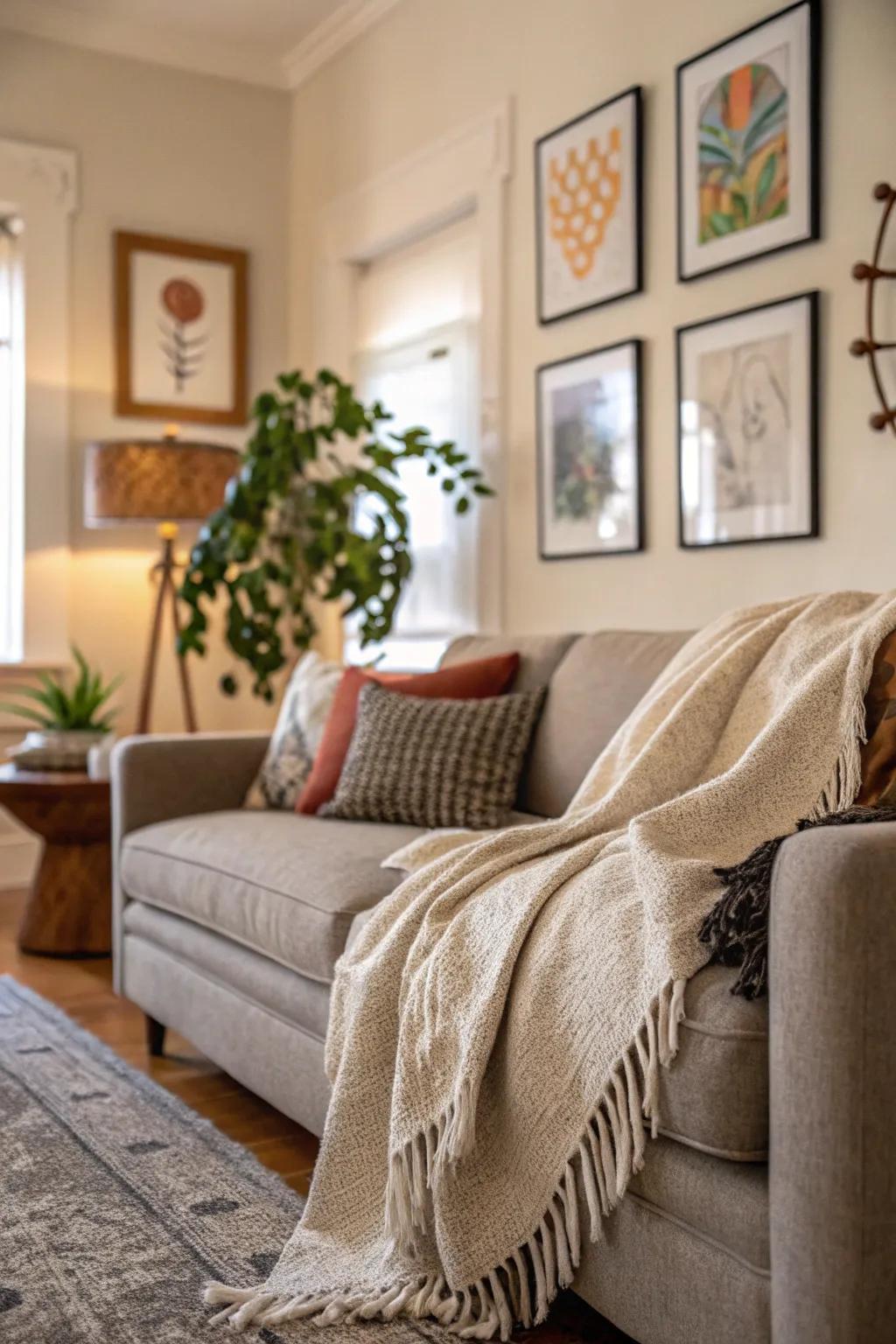 A throw casually draped over a sofa corner, creating an effortless presentation.