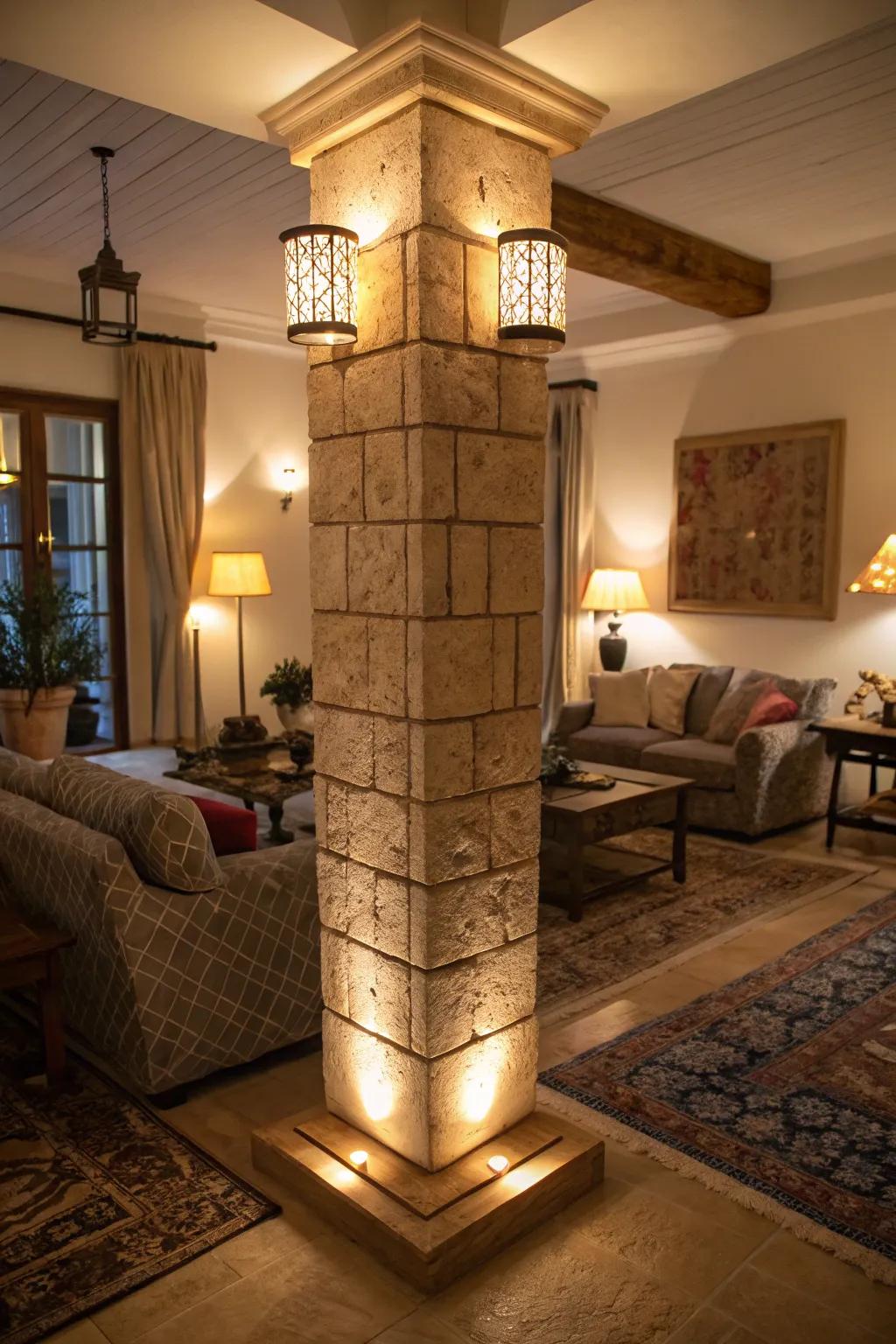 Integrated lighting transforms pillars into radiant architectural features.