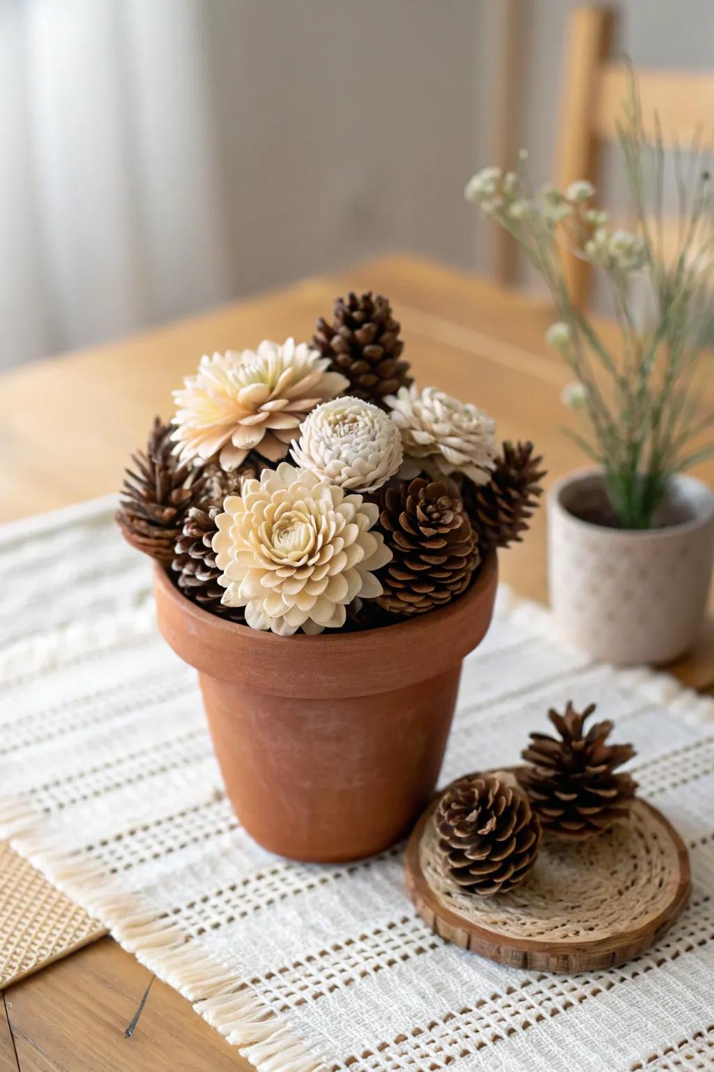 Embrace nature's artistry with these charming pinecone blossom containers, ideal for adding a hint of elegance to your decor.