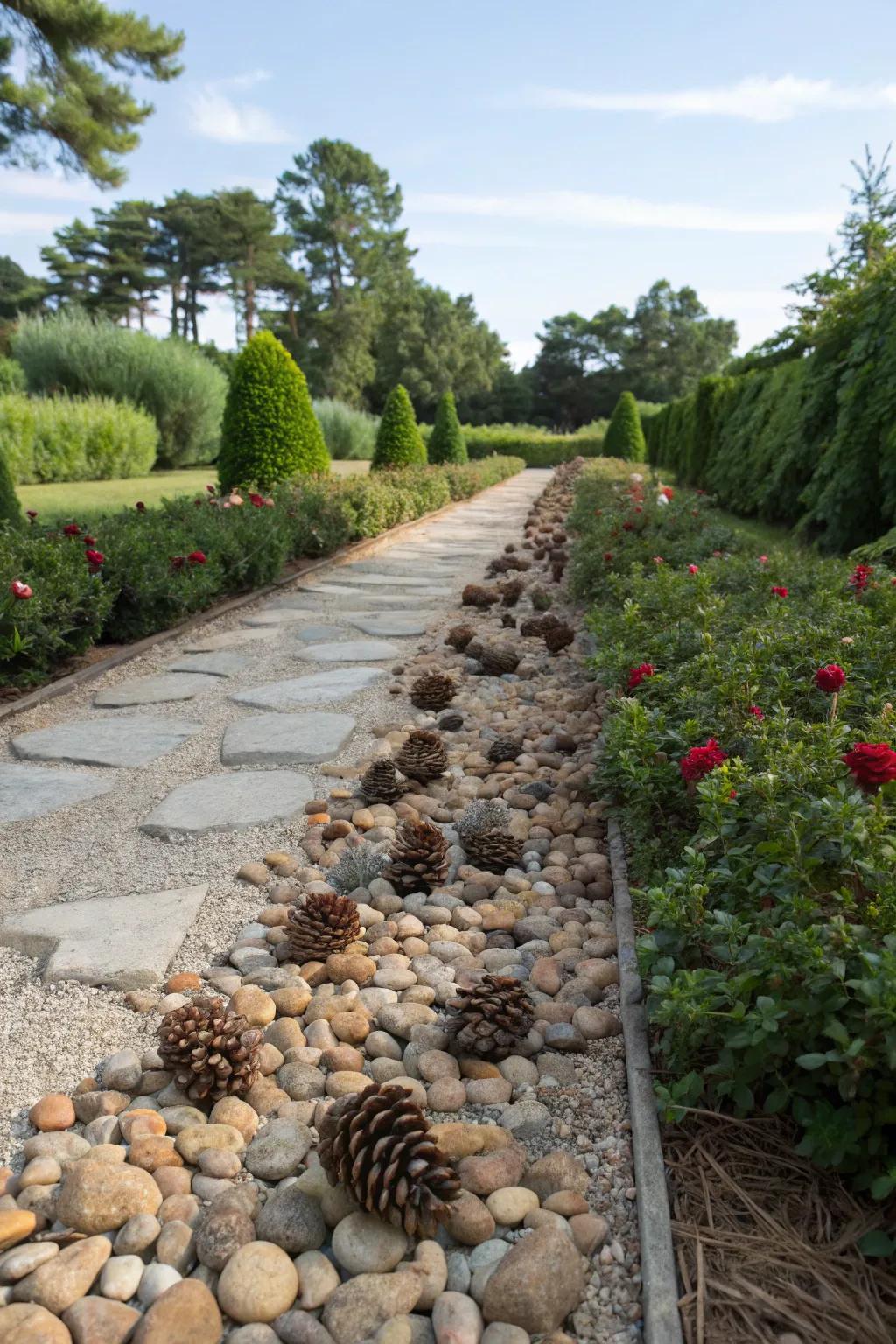 Pinecones combined with stones create an engaging landscape.