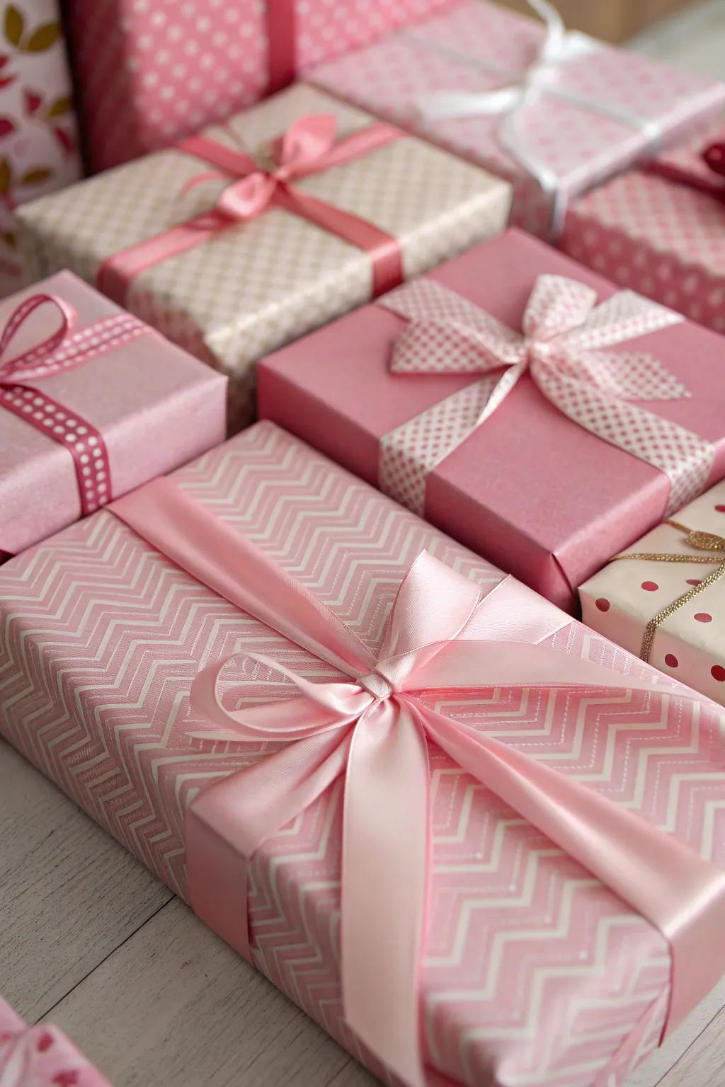 Rose-wrapped gifts add charm and color.