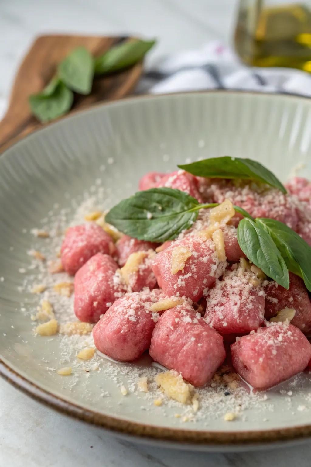 Pink potato gnocchi offers an elegant and fun twist for any dinner party.