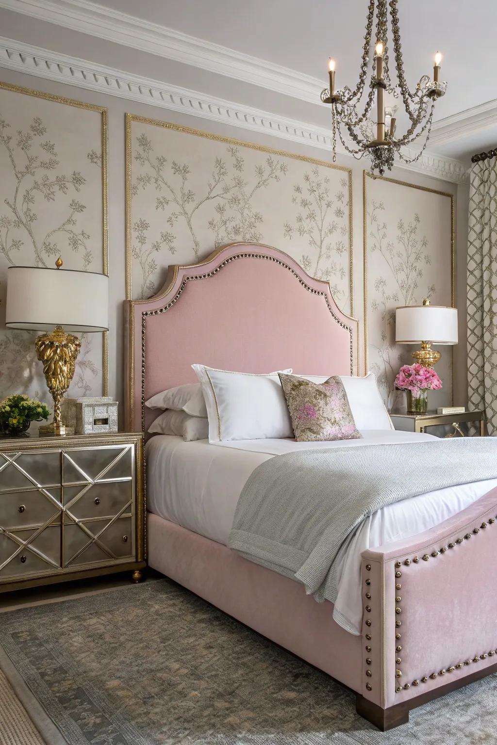 A timelessly elegant bedroom featuring a pink nailhead trim headboard.