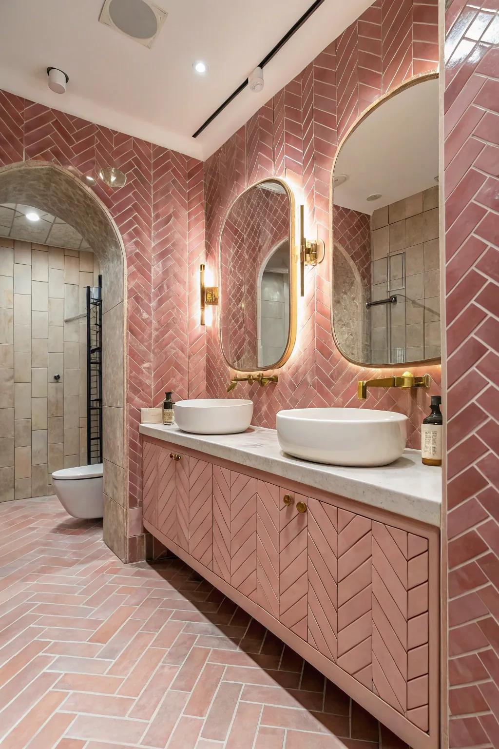 An artistic herringbone pattern formed by rose-tinted tiles in a bathroom.
