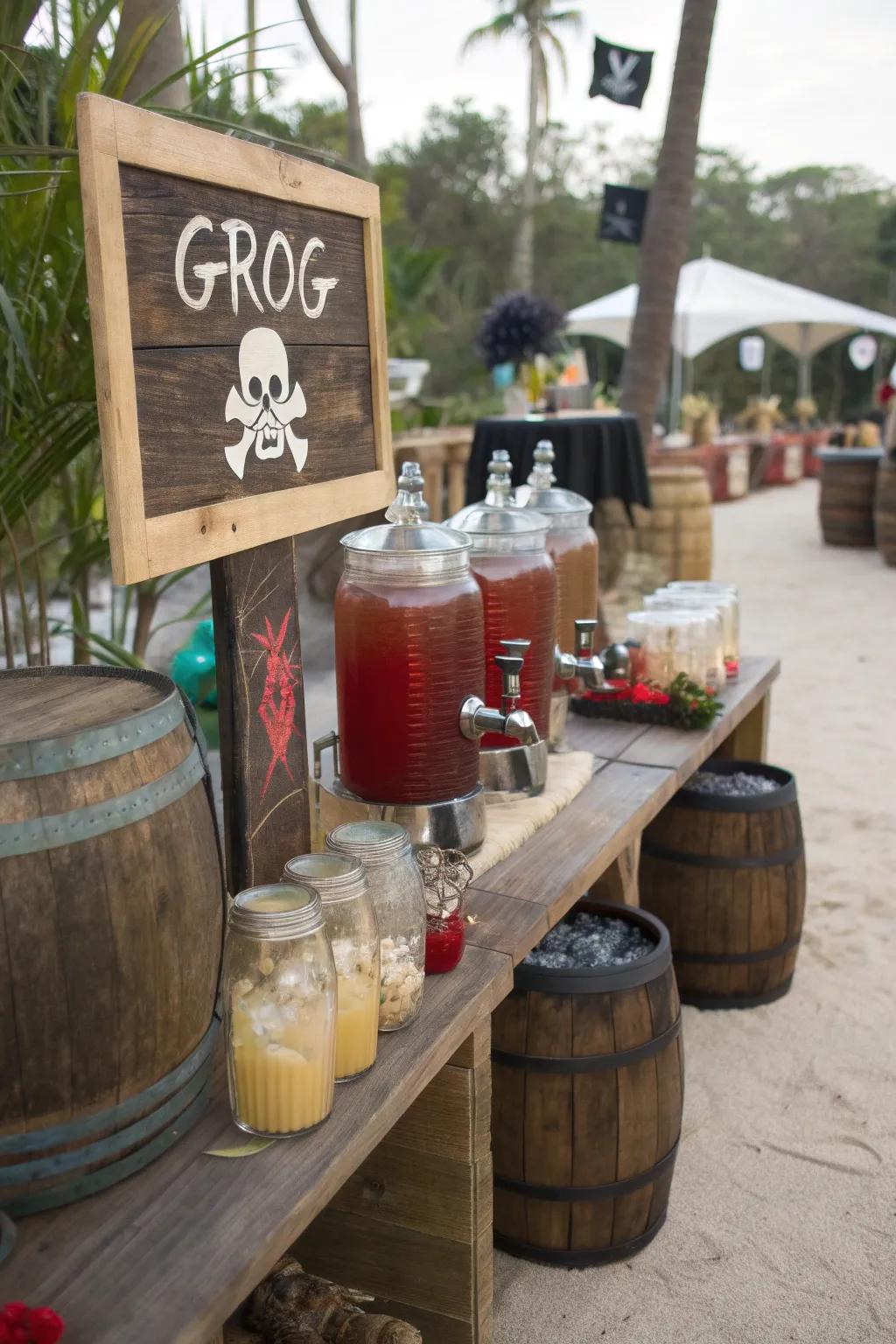 Hydrate your crew using a buccaneer thematic beverage station.