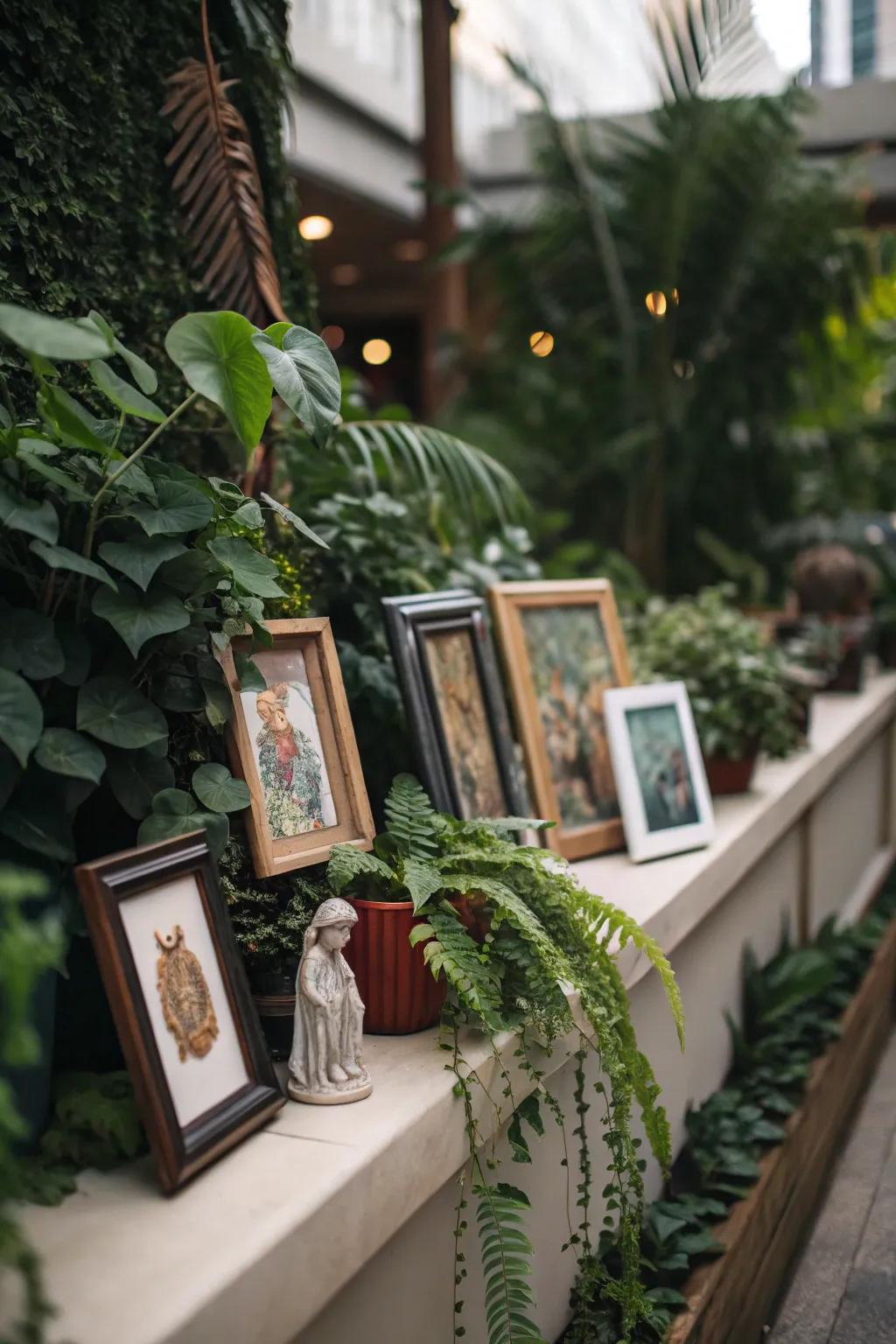 Artwork and sculptures add a personalized element to this plant ledge.