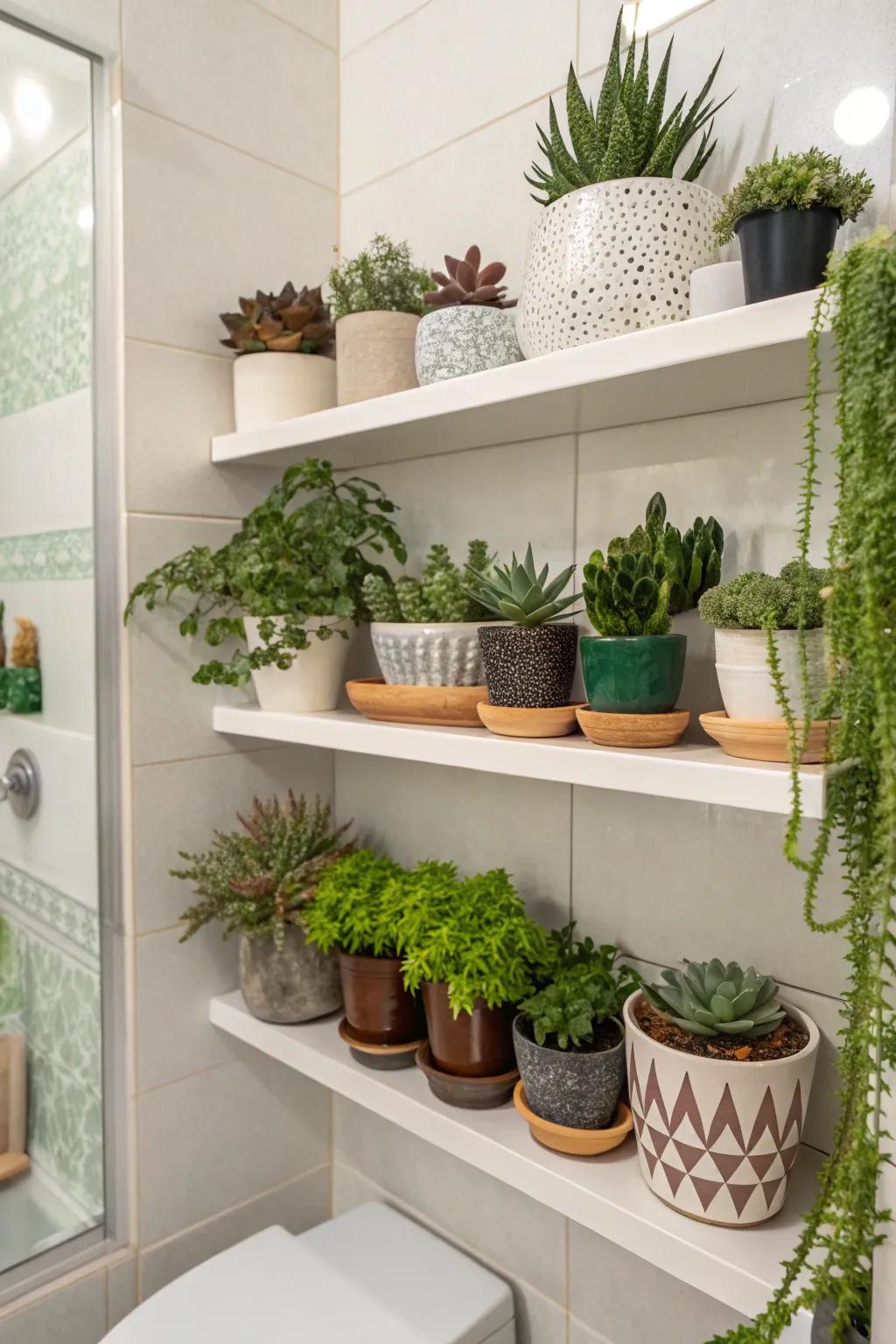A plant shelf can bring structure and greenery to your bathroom.