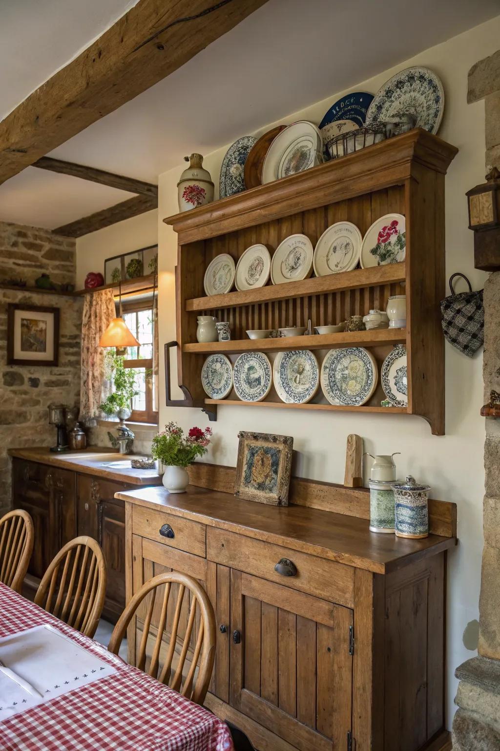A rustic kitchen with a charming wooden plate rail