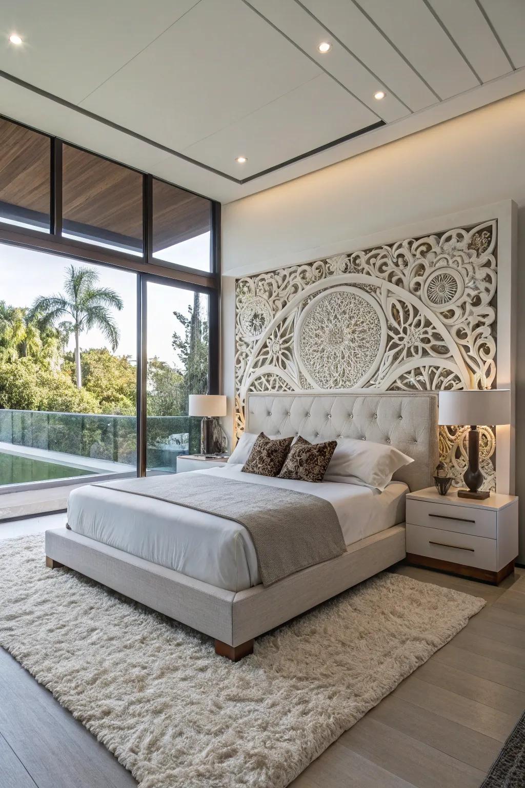 Artistic headboards lend personality to platform beds.