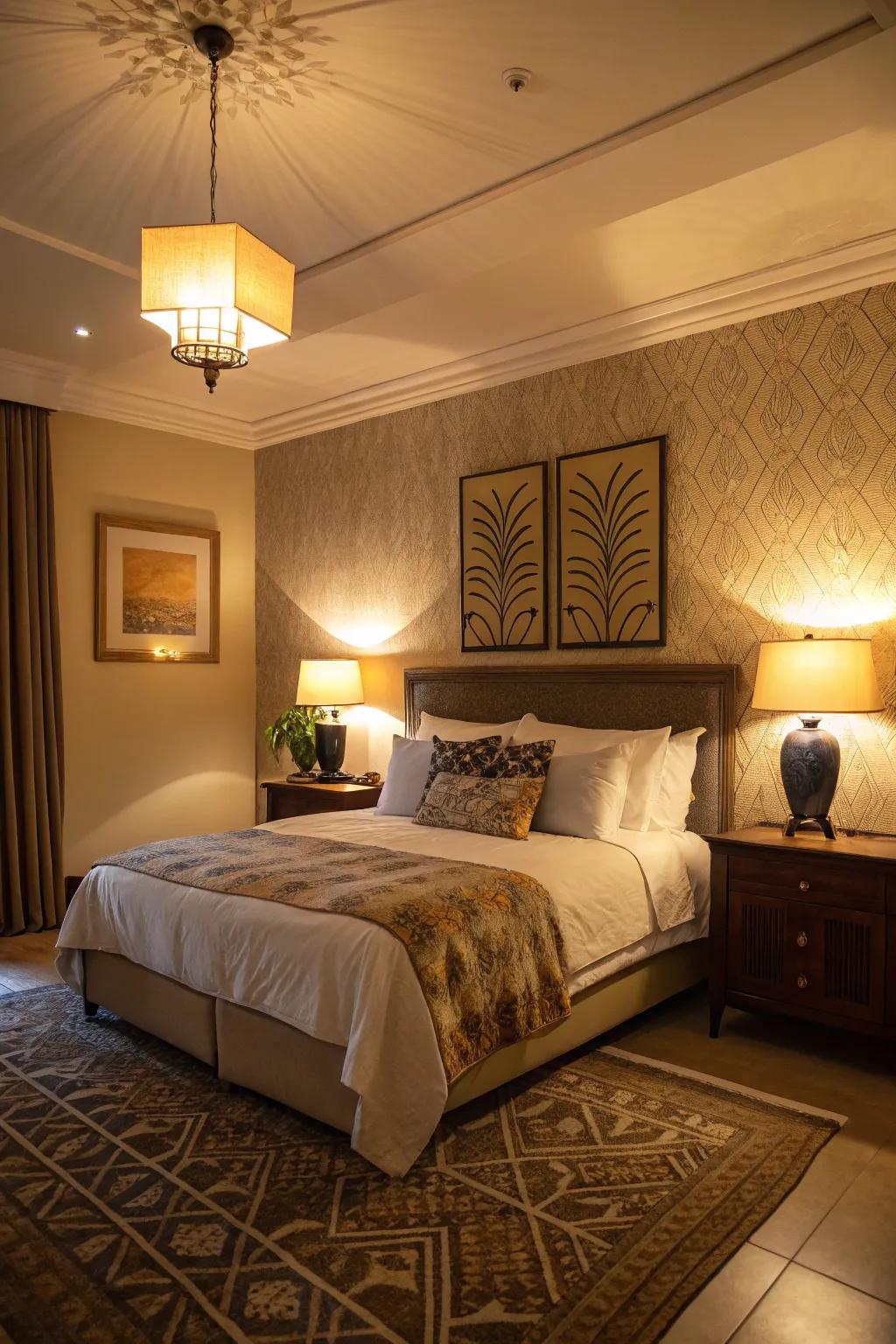 Ambient lighting enhances the warmth of a plush bedroom.