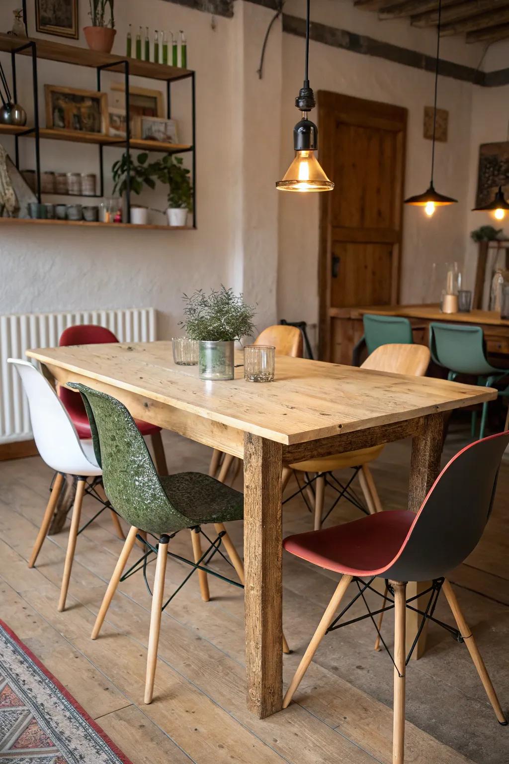 A laminated wood dining table combined with various materials for a distinctive design.