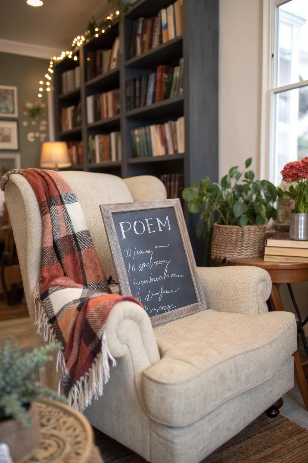 A chalkboard verse space adds a lively literary dimension to your home.