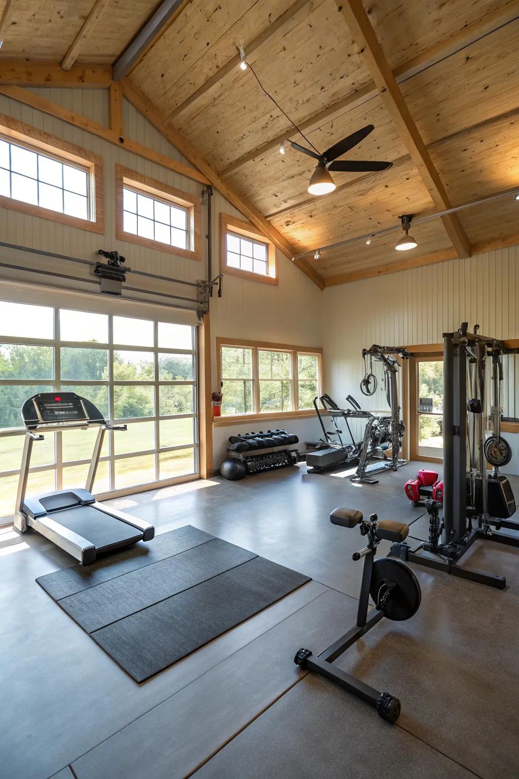 A personal fitness area in a pole barn showcasing fitness apparatus and natural lighting.