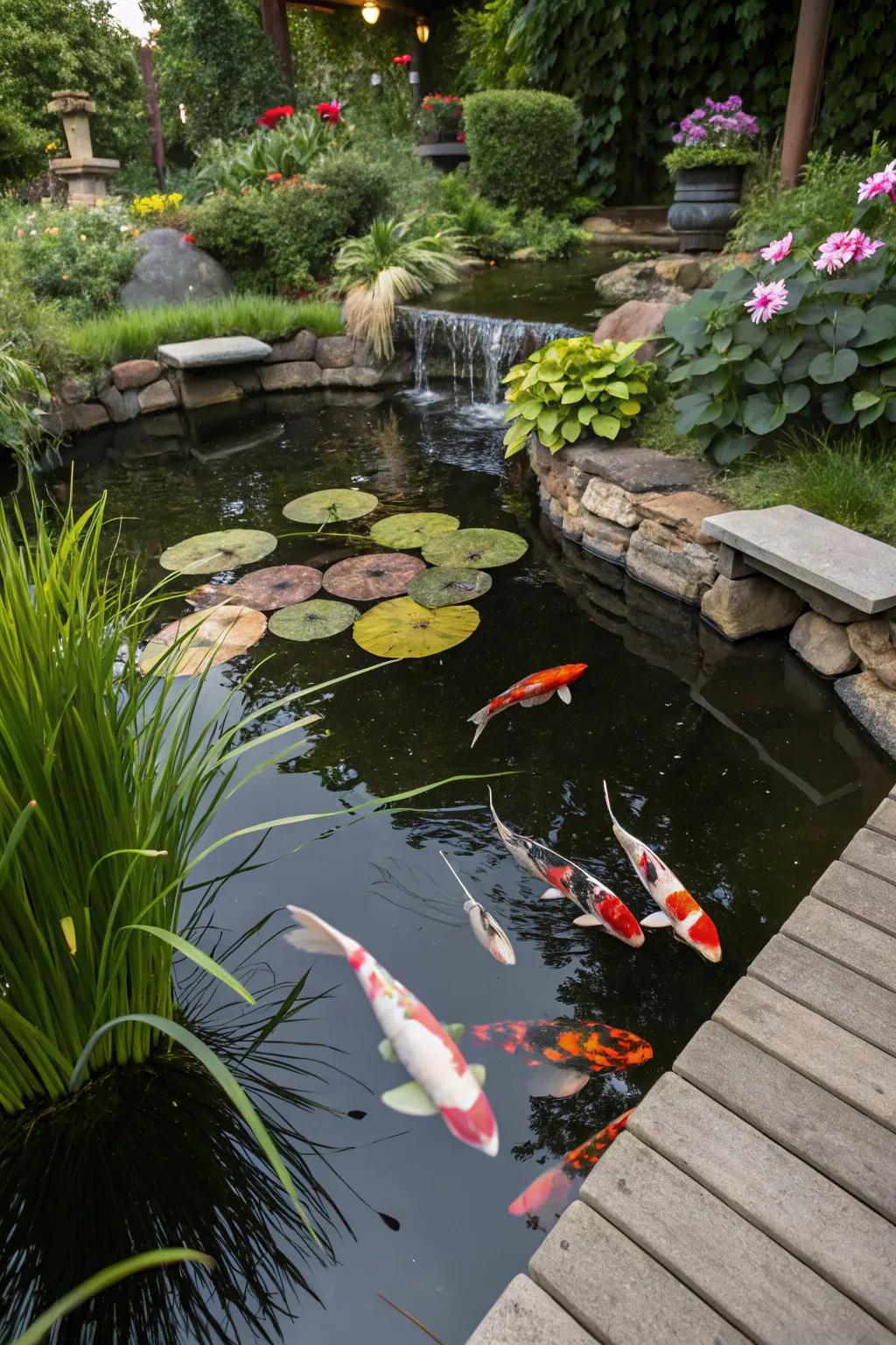 A backyard pond alive with vibrant koi fish.