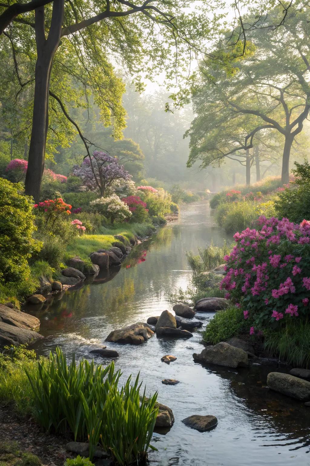 Integrate your water course with the encircling garden elements for a natural visage.