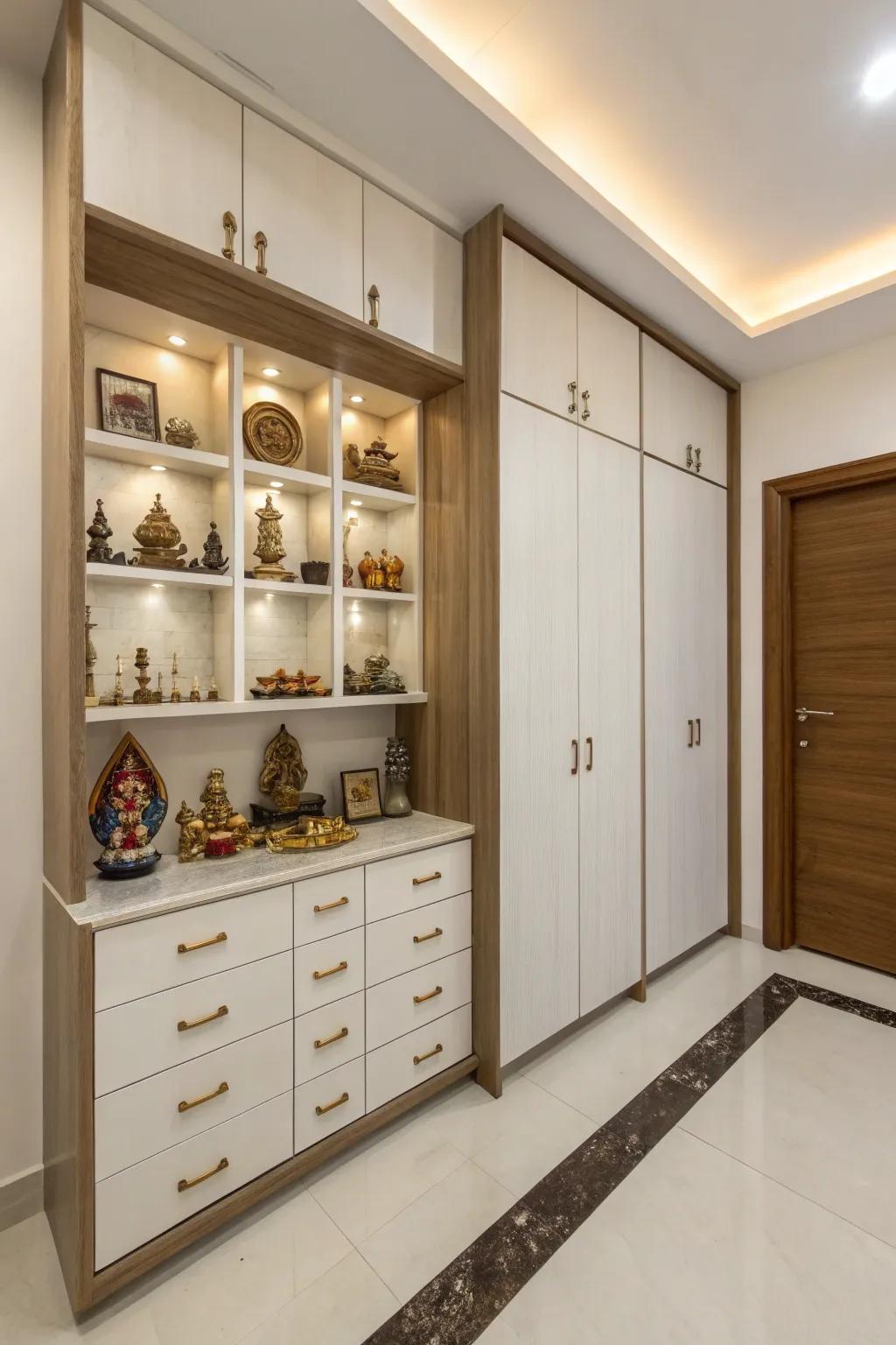 Elegant and arranged, the shelving helps to keep the pooja room orderly.