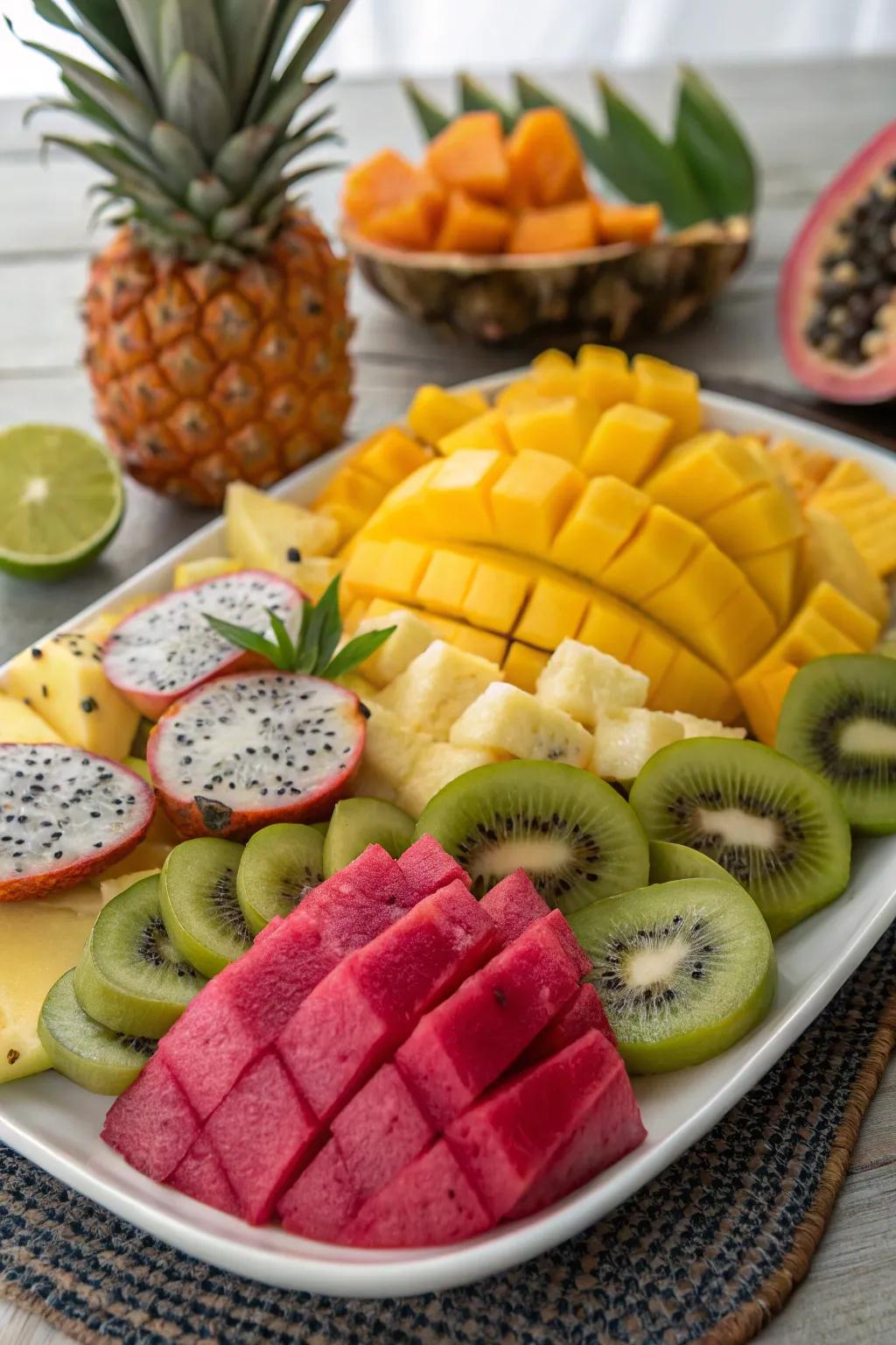 A tropical fruit tray is both delectable and visually appealing.