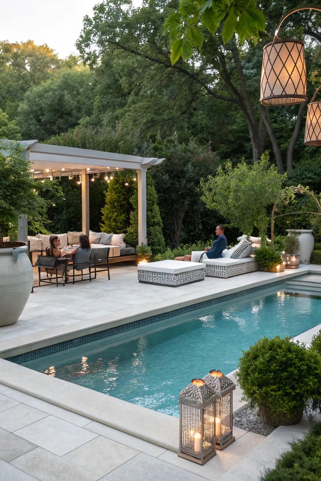 Porcelain coping delivers modern elegance with minimal maintenance.