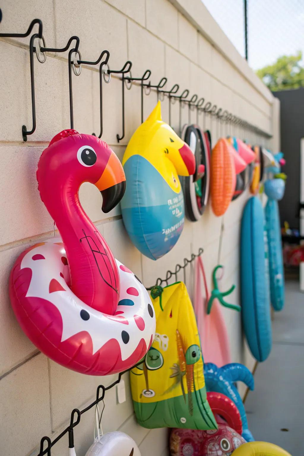 Hangers and hooks offering a straightforward solution for storing pool floats.