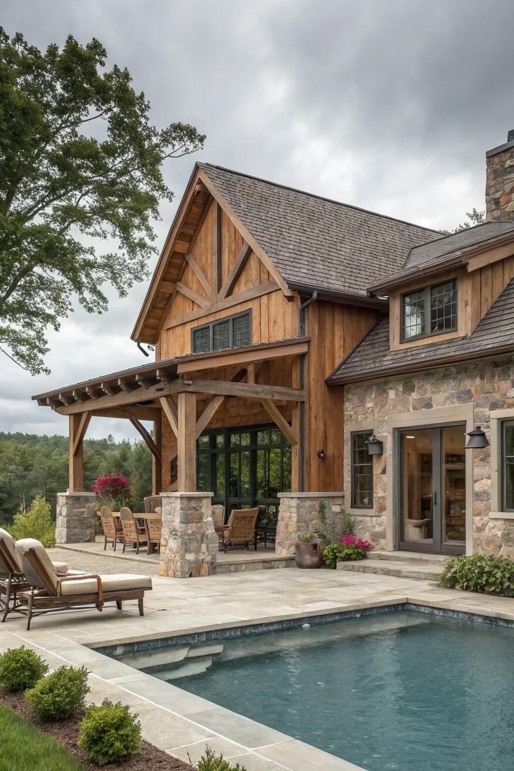 Appreciate the natural appeal with wood and stone features in your pool house