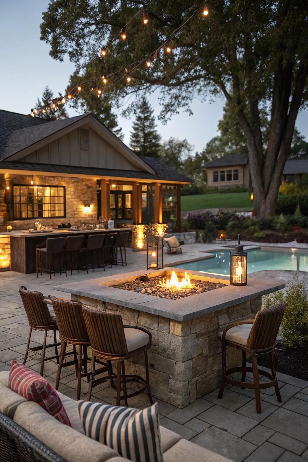 A fire feature bar provides warmth and atmosphere beside the pool.