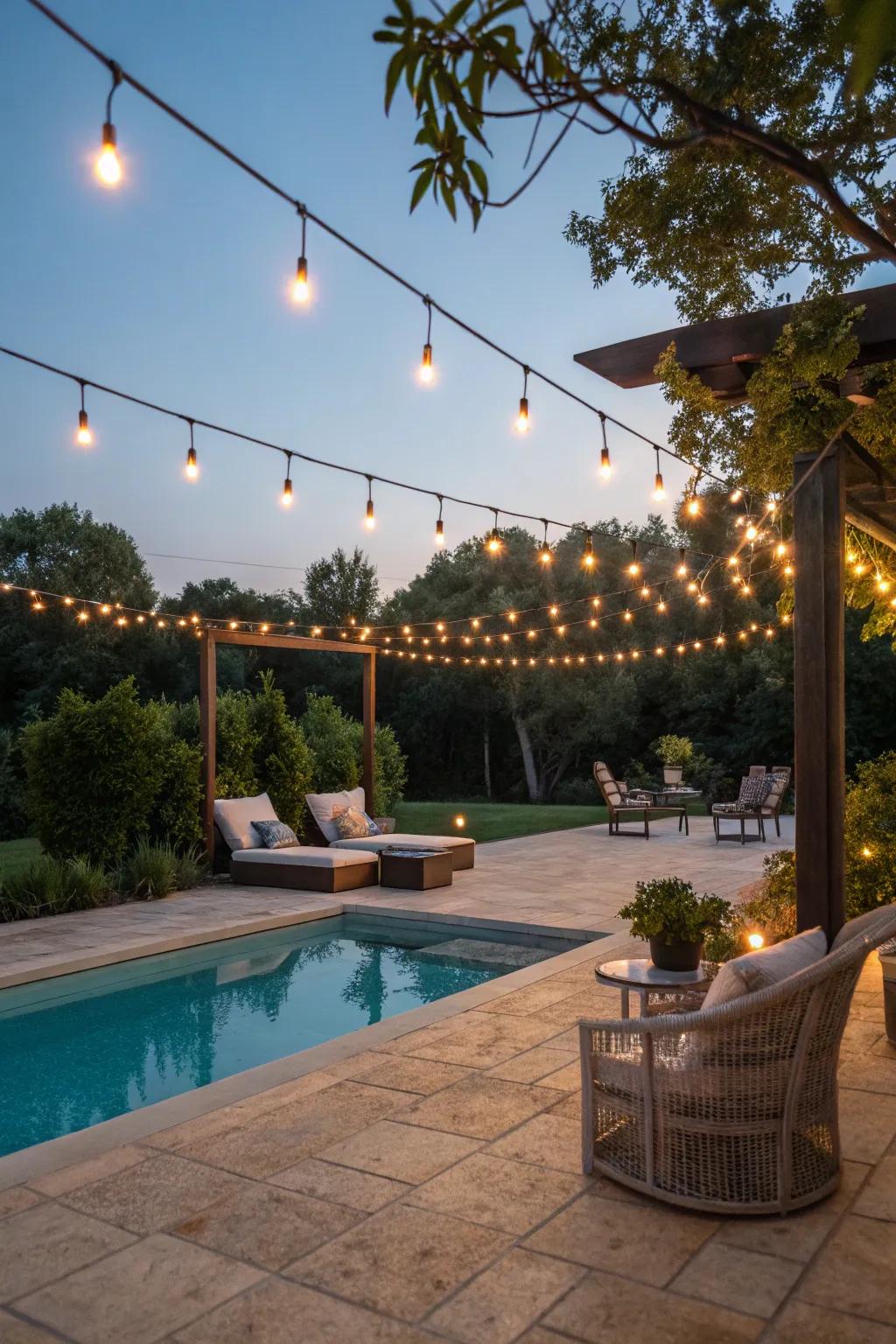 Turn your poolside into an enchanting getaway with twinkling hanging lights.