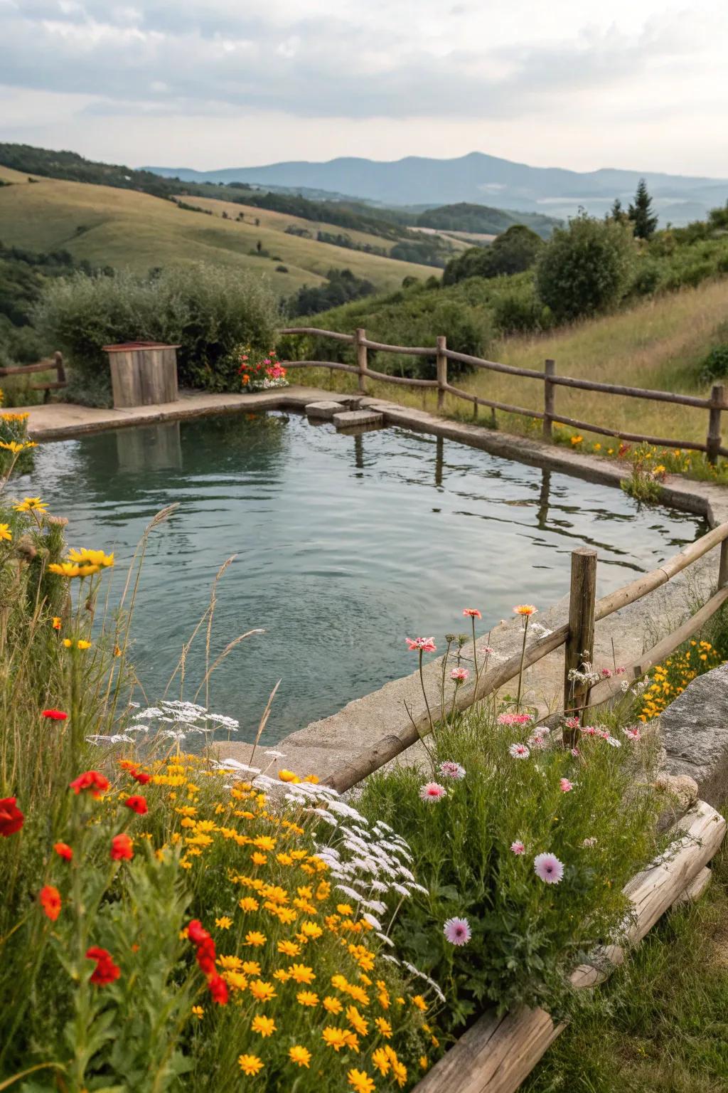 A pool pond designed with a captivating countryside aesthetic.