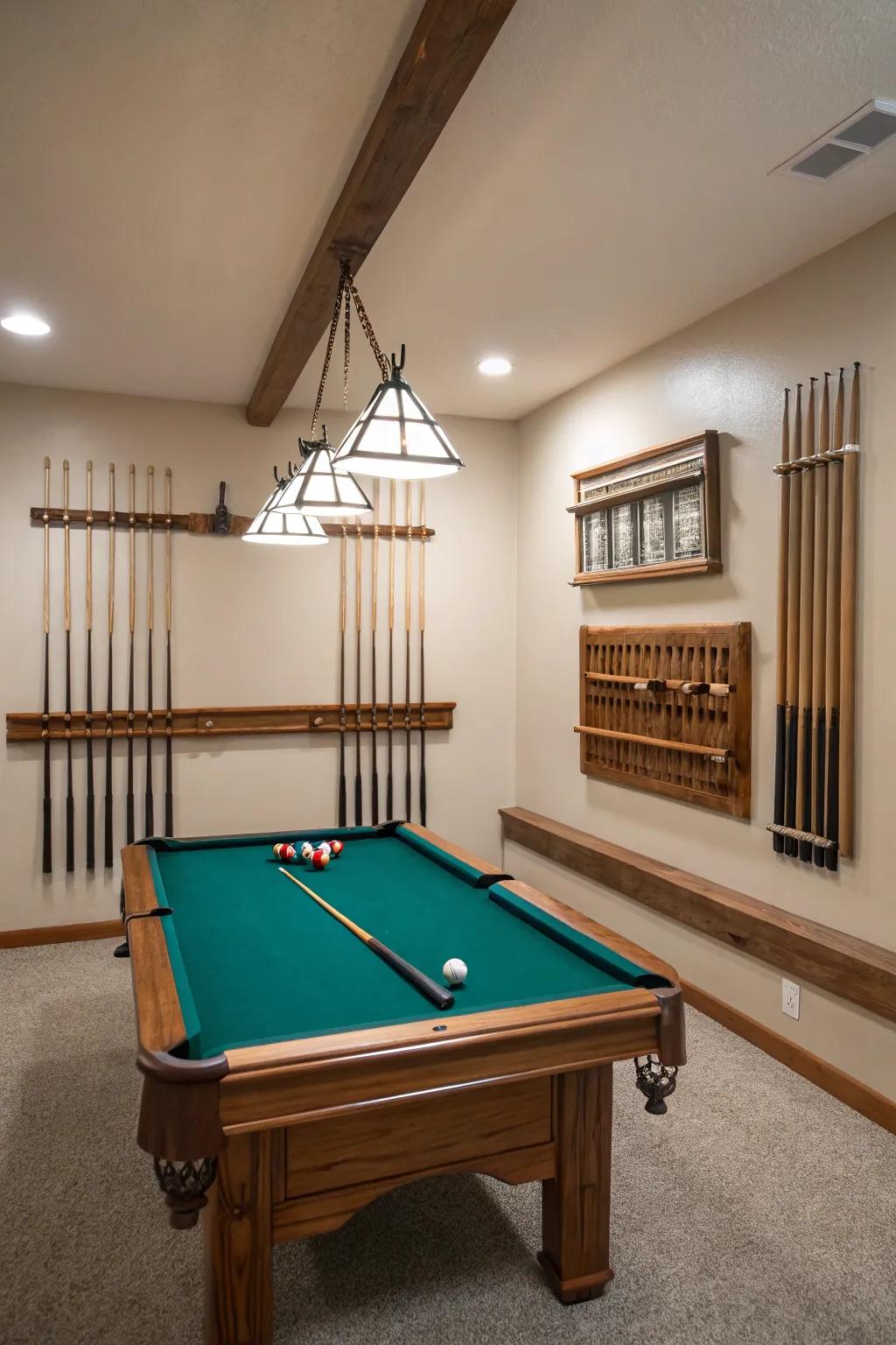 Wall-affixed storage solutions maintain the billiard table room&rsquo;s organization and spaciousness.