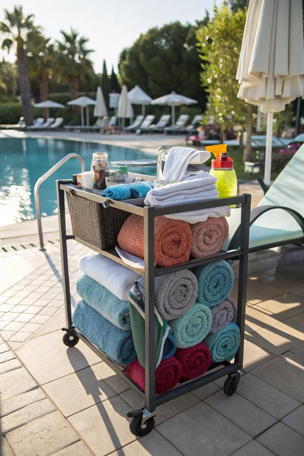 Convenient portable towel cart for versatile storage.