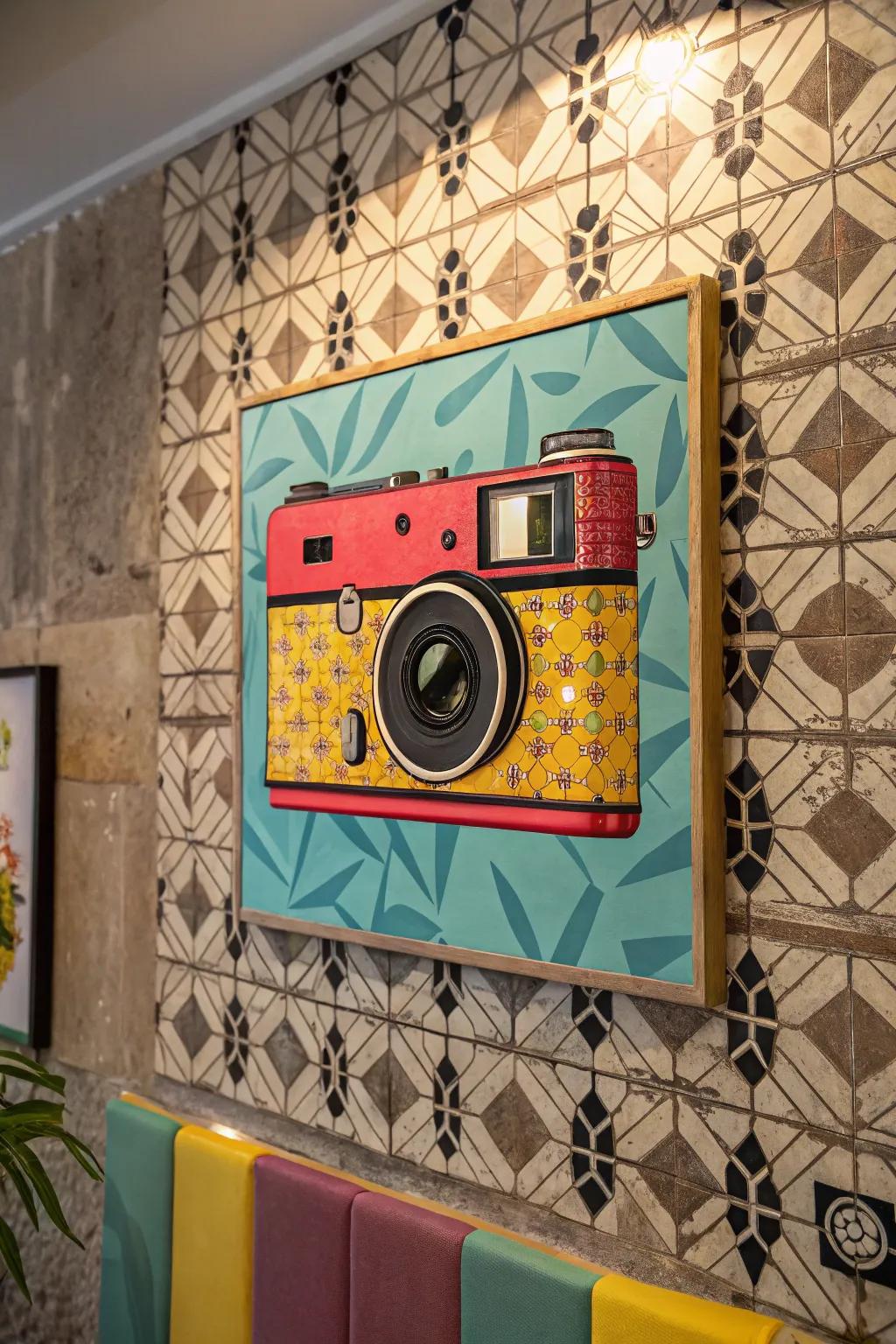 A pop art painting of a retro camera adds nostalgic charm.