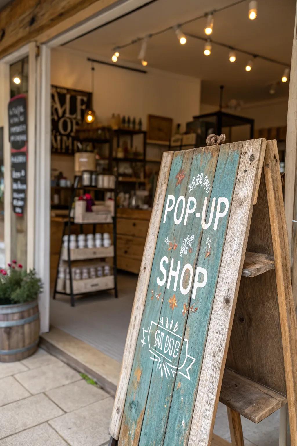 Rustic timber sign conveying warmth and validity at a pop-up shop.