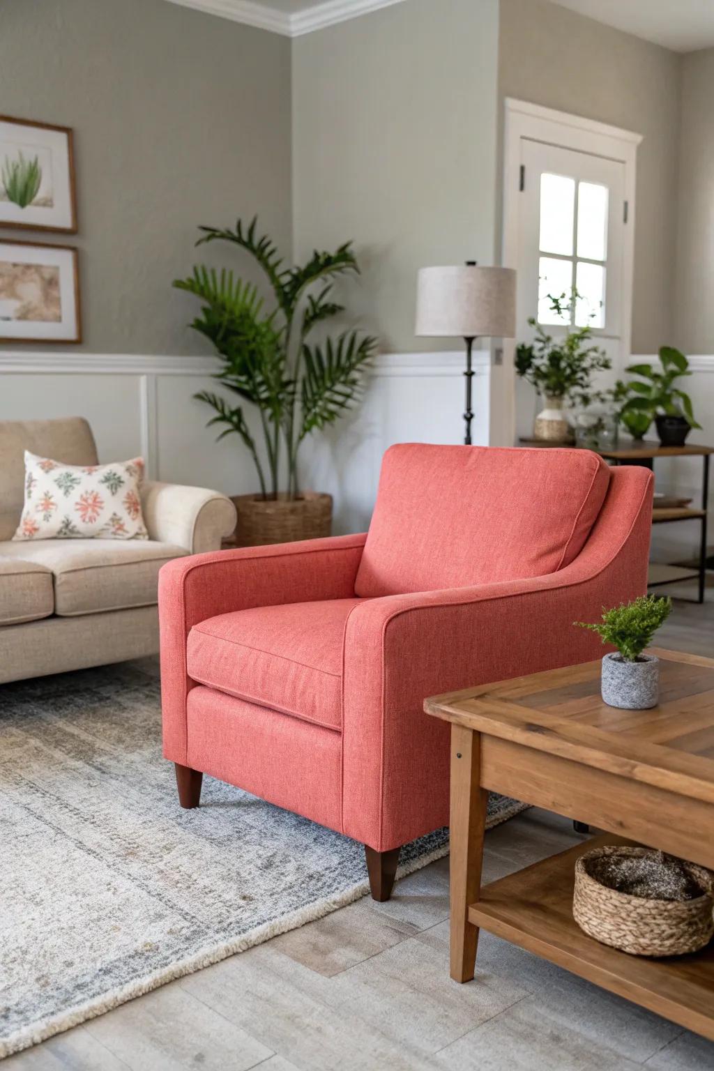 A scarlet lounge chair brings lively energy to any setting.
