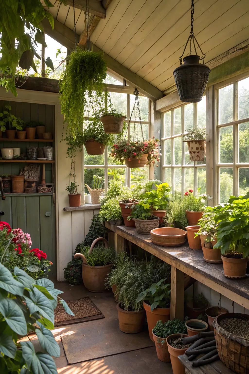 A potting shed overflowing with indoor greenery.