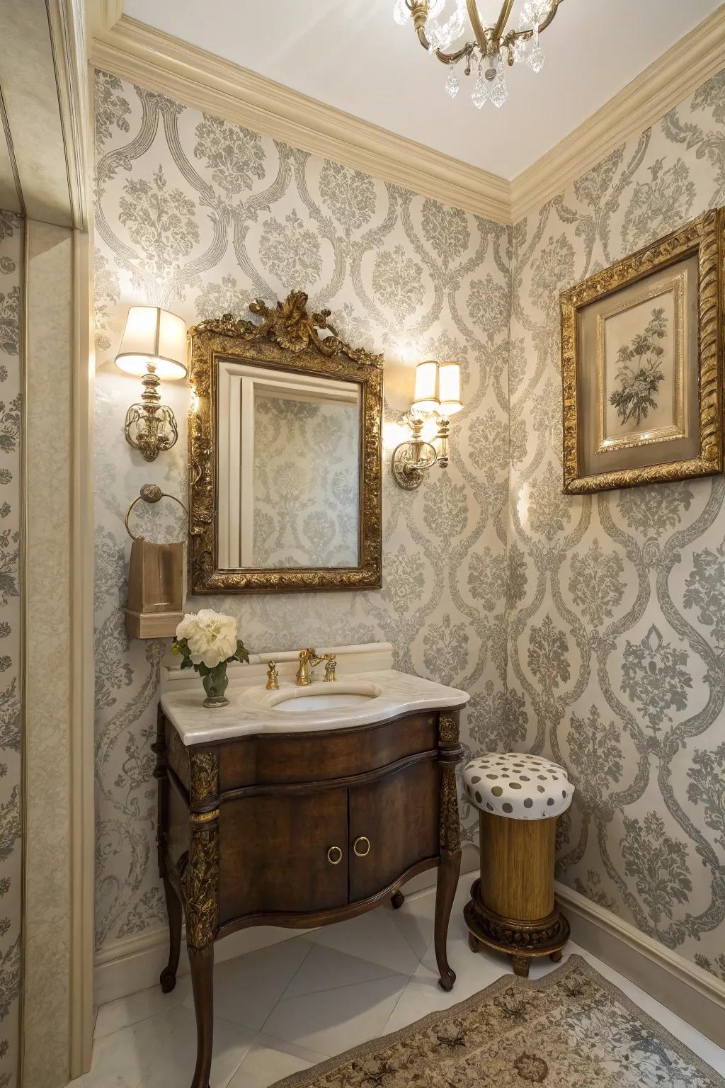 Retro appeal using brocade bring vintage charm and elegance to your guest bathroom.