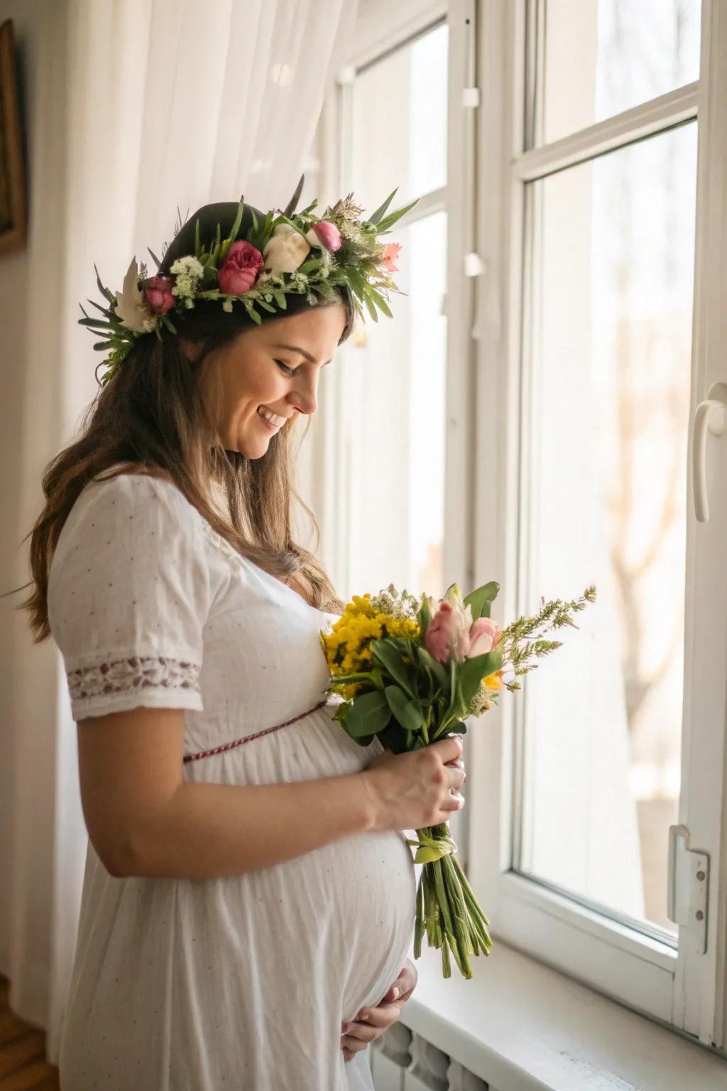 Flowers give your maternity photos a natural and fresh aspect.