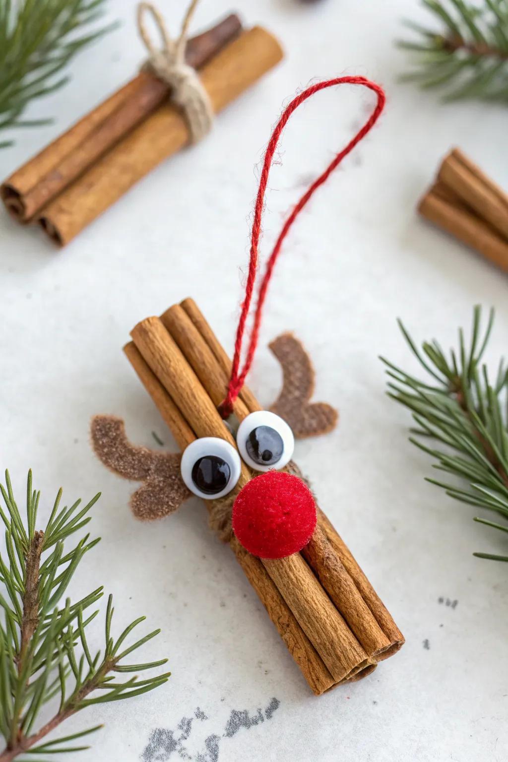 A cute cinnamon stick reindeer ready to bring festive cheer and delightful scent to your home.