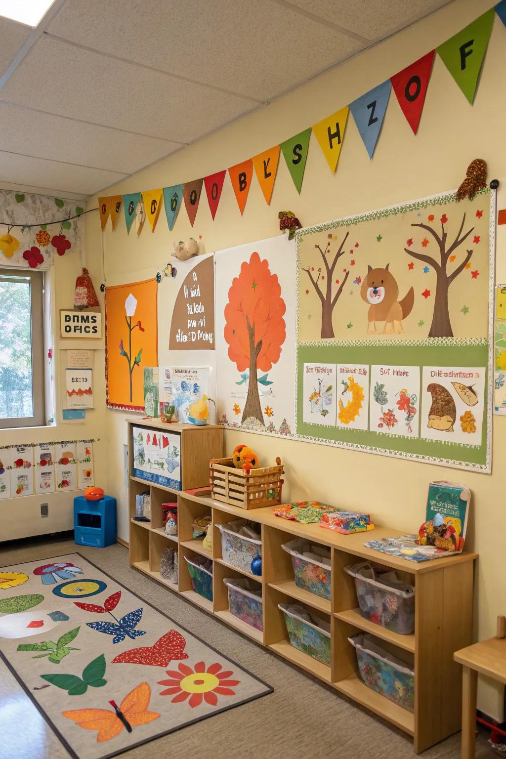 Classroom themed decor using seasons and animals to achieve a cohesive design.