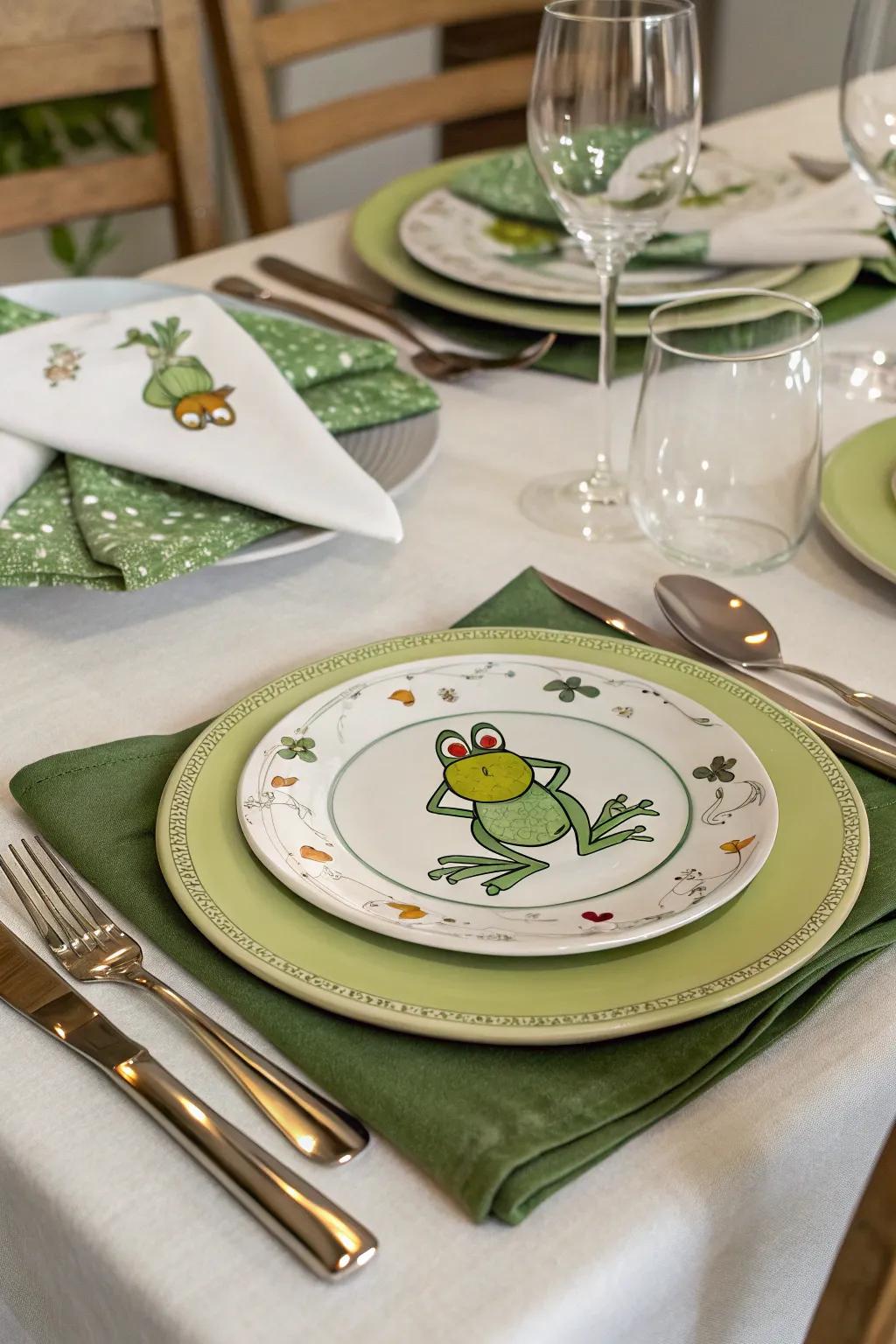 Amphibian-themed tableware introduces a playful touch to the setting.