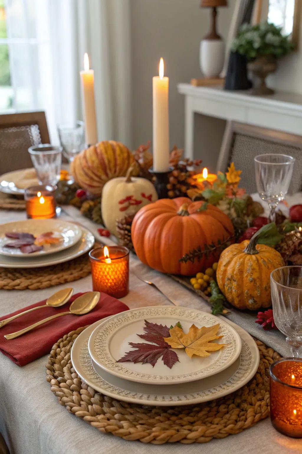 A celebratory tablescape showcasing pumpkin-themed particulars.