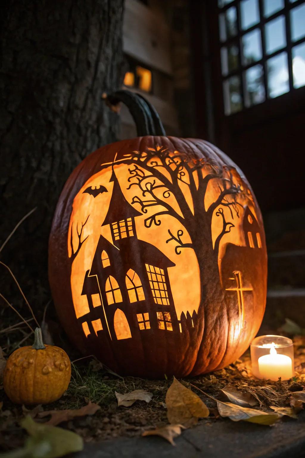 A spooky house pumpkin enhancing your Halloween with a touch of fright.